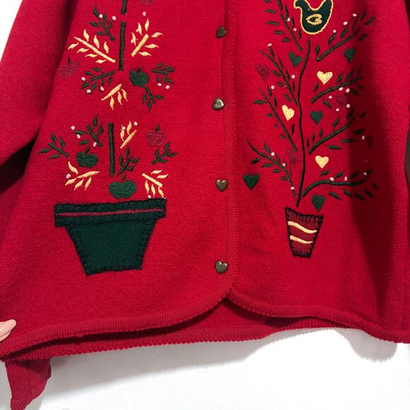 TALBOTS VTG 100% Wool Embroidered Hearts Birds Apple Beaded Cardigan Size L - Picture 5 of 15